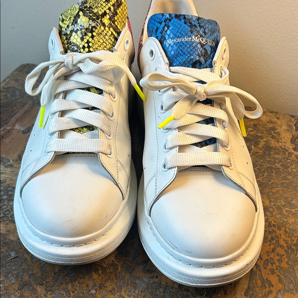 Alexander McQueen Men’s White Sneakers with Yellow and Blue Snakeskin Accents